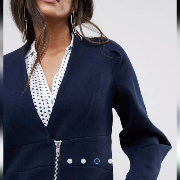 Y.A.S. , Zip Front Colarless Coat, Navy, Size Small - Picture 3 of 11